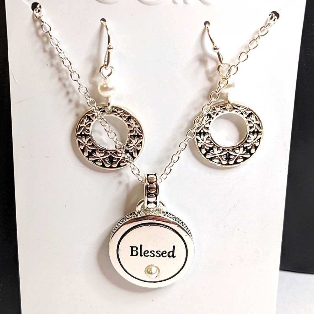 Belk Silver Tone NWT Simulated Pearl and Metal "Blessed" Necklace & Earring Set